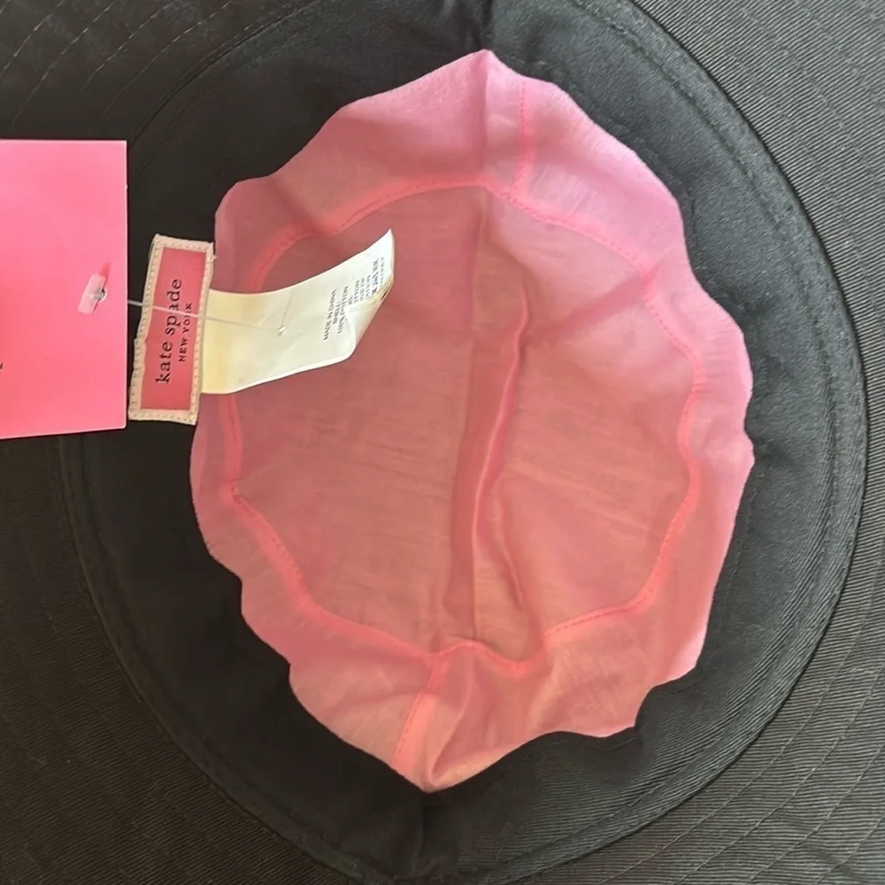 Brand New Kate Spade Black Logo Bucket Hat Pink Lining Classic Preppy